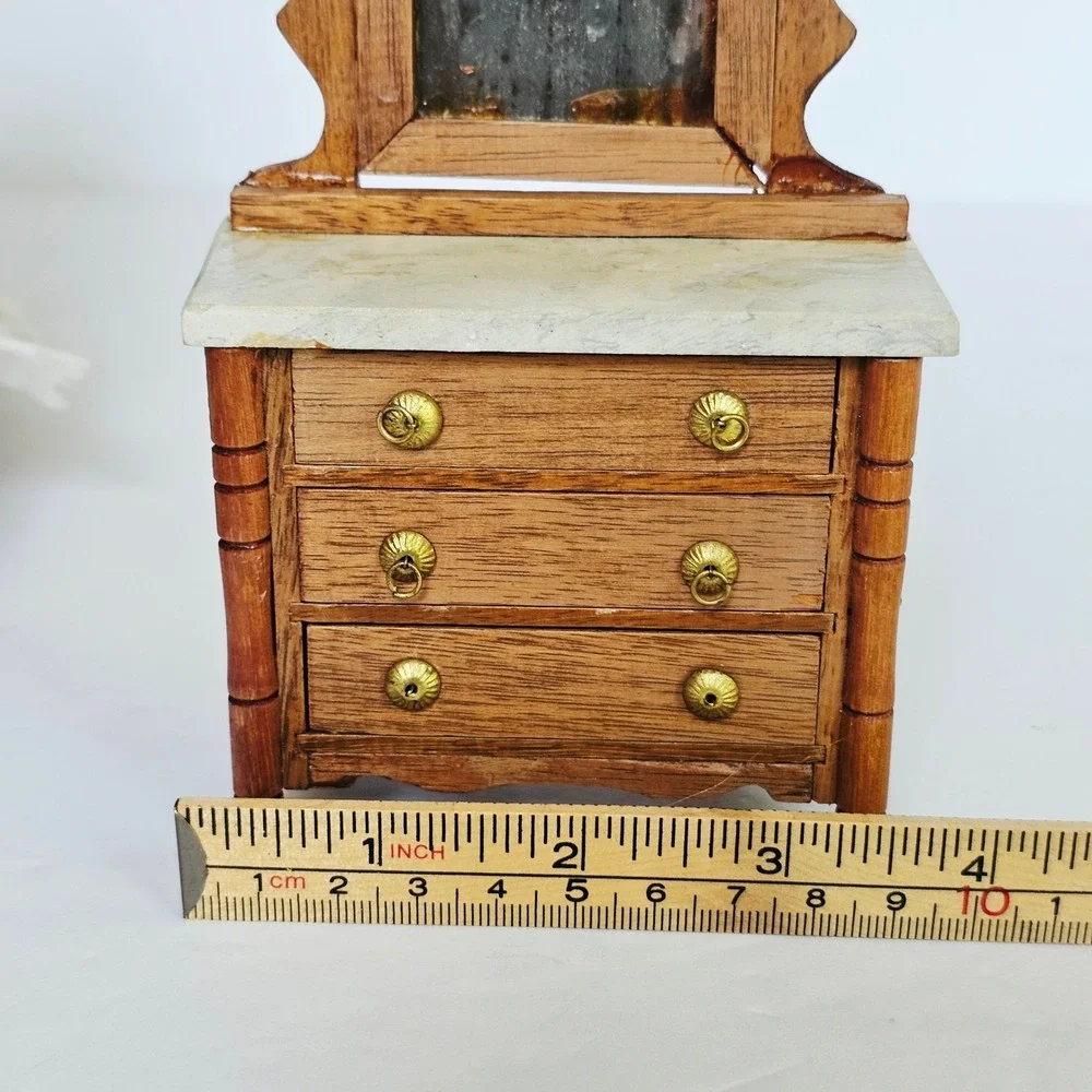 Vtg Wood Dollhouse Furniture Set Canopy Bed Dresser Rocking Chair Shabby Chic